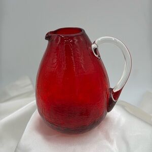 Vintage Ruby red crackle glass pitcher w/applied clear handle hand blown glass